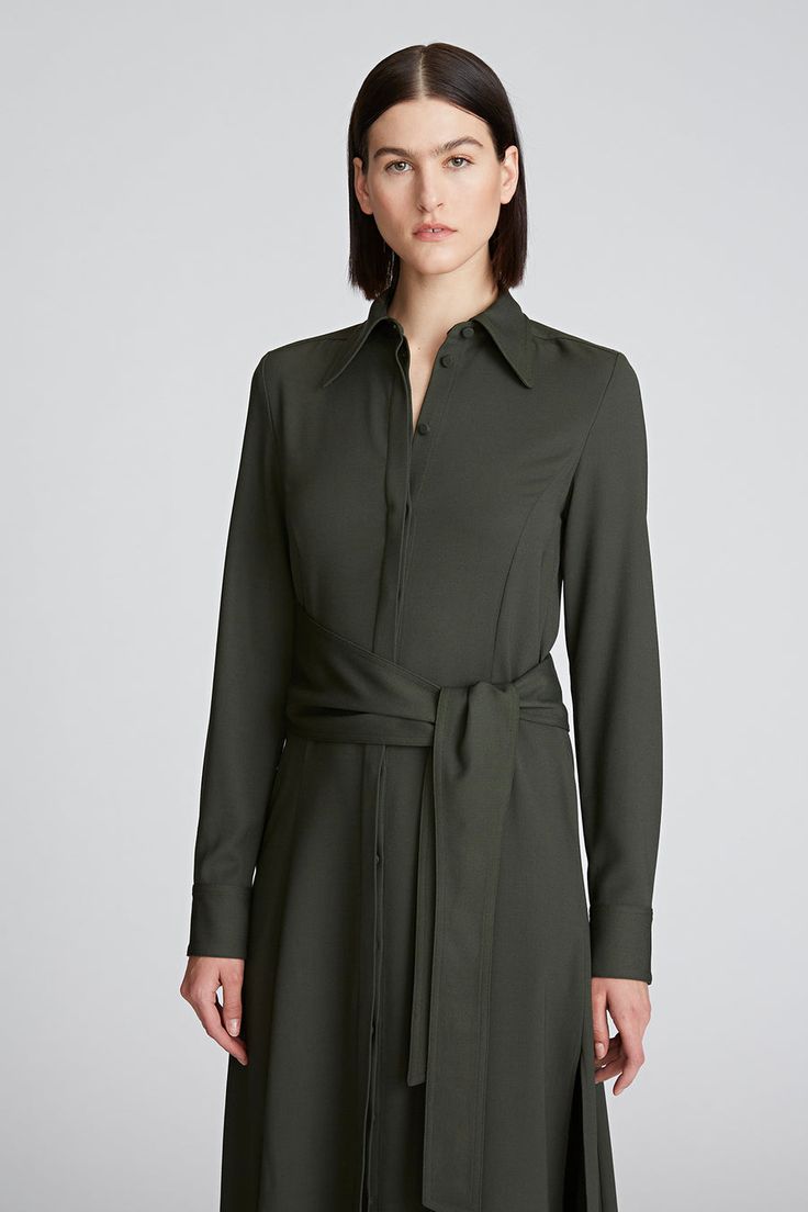 Kori Dress In Viscose Wool – Halston Halston Heritage, Women Men Shoes, Dress Silhouette, Trending Today, Long Sleeve Midi, Shirtdress, Midi Length, The Modern, Shirt Style