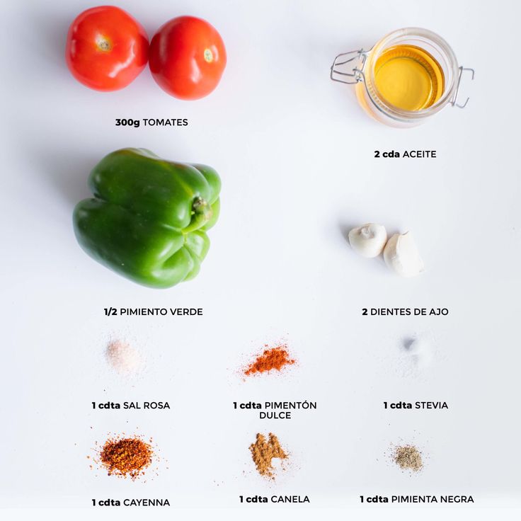 the ingredients for this recipe include tomatoes, peppers, garlic and seasonings on a white background