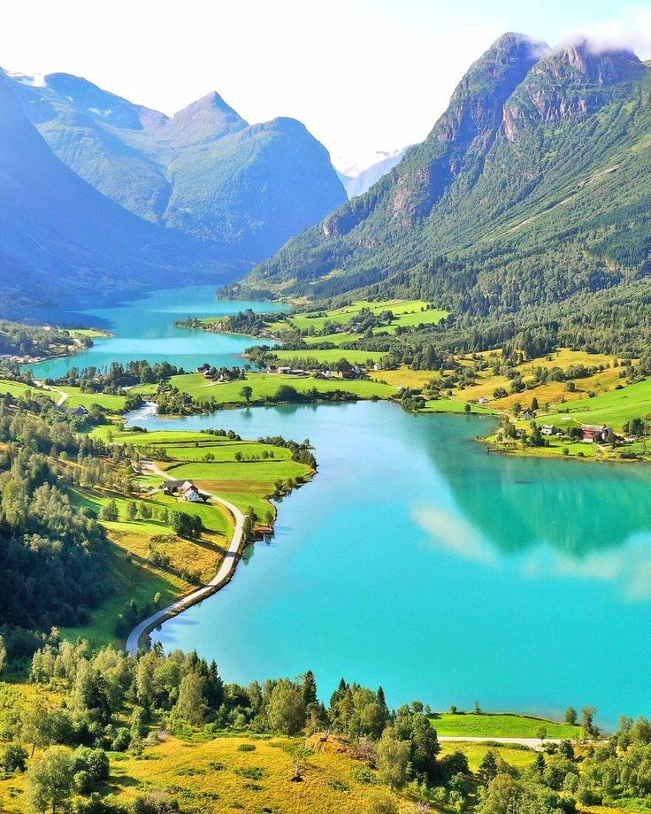 an aerial view of a lake surrounded by mountains