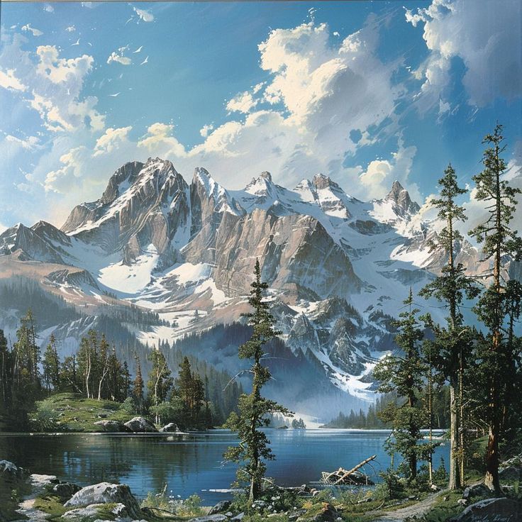 a painting of a mountain range with trees in the foreground and water on the far side