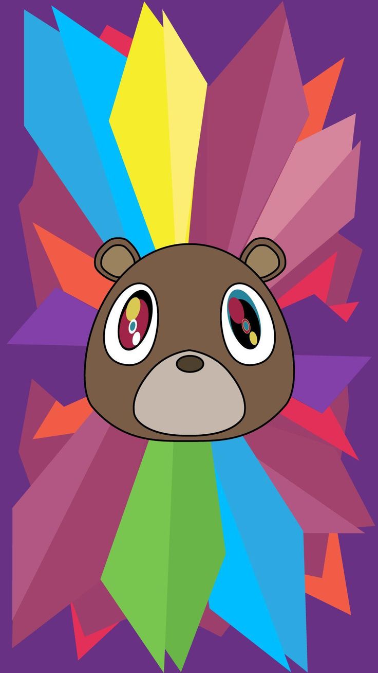 a bear with big eyes and multicolored shapes in the background is an illustration