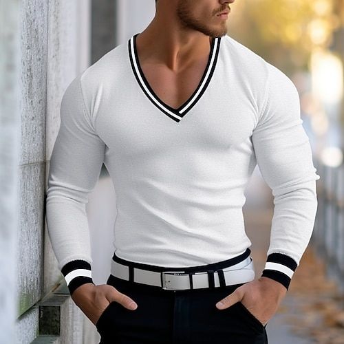 Season:Winter,Spring   Fall; Sleeve Length:Long Sleeve; Gender:Men's; Style:Knitwear; Tops Type:T Shirt,Pullover Sweatshirt,Knit Tee; Occasion:Casual Daily; Pattern:Solid Color; Design:V Neck; Neckline:V Neck; Listing Date:08/14/2024; Bust:null; Length:null Casual Solid Stretch V-neck Sweater, Casual Stretch Knitted V-neck Sweater, Fitted Knitted V-neck Top, Cotton V-neck Sweater With Ribbed Neckline, Spring V-neck Knit T-shirt, Spring Knit V-neck T-shirt, Knitted Cotton V-neck Top, Long Sleeve Knit T-shirt For Winter, Knit Long Sleeve T-shirt For Winter