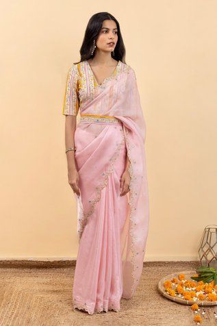 Shop for Pita Nila Pink Satin Silk Organza Soha Embroidered Saree With Kira Print Blouse for Women Online at Aza Fashions Pink Embroidered Cotton Silk Pre-draped Saree, Pink Embroidered Pre-draped Saree For Reception, Designer Wear Pink Embroidered Pre-draped Saree, Designer Embroidered Pink Pre-draped Saree, Designer Pink Embroidered Pre-draped Saree, Pink Embroidered Fitted Pre-draped Saree, Pink Embroidered Pre-draped Saree For Eid, Embroidered Pink Pre-draped Saree For Eid, Pink Embellished Pre-draped Saree For Diwali