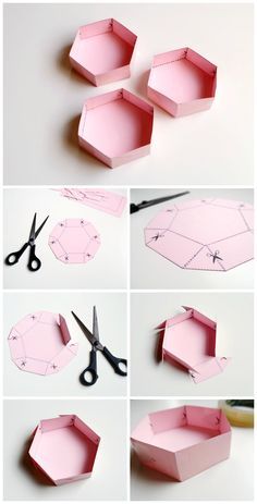 the steps to make an origami hexagonal box with scissors and paper