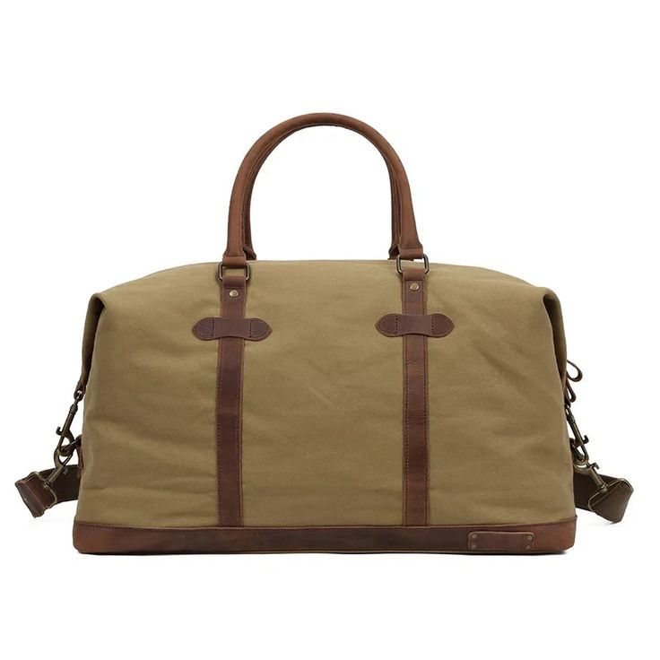 Vintage Cotton Canvas Duffle Bag Large Capacity Khaki Canvas Bag For Travel, Khaki Canvas Bag For Travel, Casual Shoulder Bag With Adjustable Strap For Overnight Trips, Casual Shoulder Bag For Overnight Trips With Adjustable Strap, Khaki Canvas Satchel Bag For Travel, Rectangular Canvas Weekender Bag For Overnight Trips, Khaki Canvas Satchel For Travel, Large Capacity Khaki Canvas Travel Bag, Casual Bags With Adjustable Strap For Overnight Trips