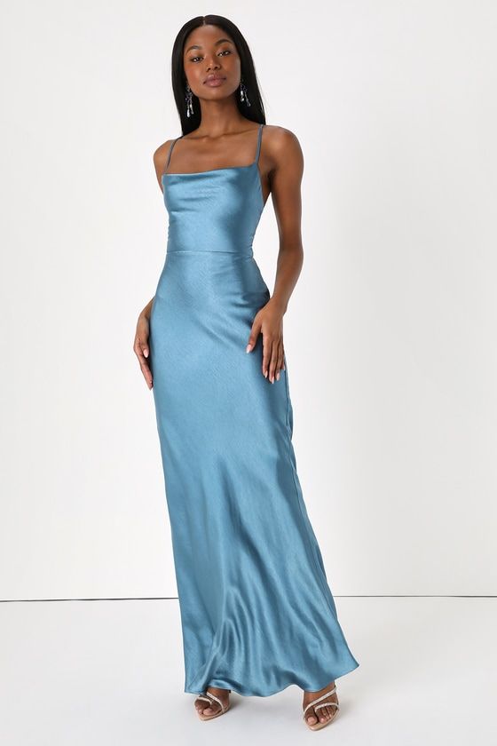 Inspire Romance Slate Blue Satin Cowl Neck Lace-Up Maxi Dress Elegant Fitted Dusty Blue Dress, Dusty Blue Fitted Elegant Dress, Silk Prom Dress, Blue Satin Dress, Prom Dress Inspo, Blue Silk Dress, Column Skirt, Prom Dress Inspiration, Cute Prom Dresses