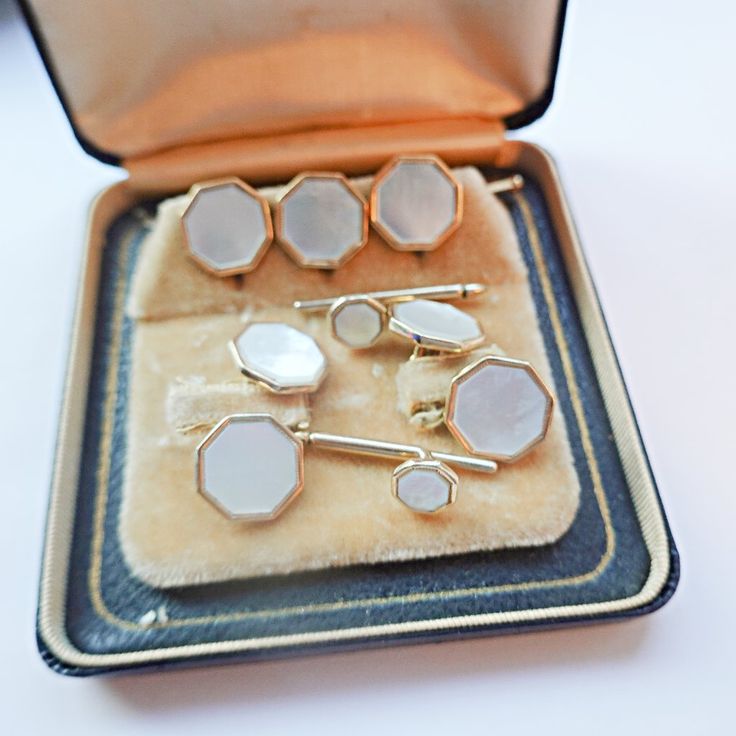 Beautiful Set- Stamped 12k Gf- Includes 2 Double Sided Cufflinks And 5 Shank Studs In Antique Box- Rare Set From Estate Antique Accessories, Antique Boxes, Cuff Links, Yellow White, Gold Filled, Cufflinks, Double Sided, Mens Accessories, Art Deco