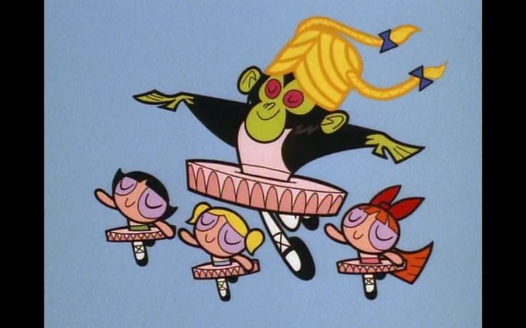 an image of cartoon characters flying in the air with their heads tilted to the side