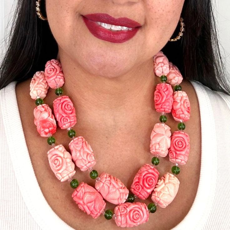 Pink Carved Synthetic Coral Double Strand Necklace MATES: B17366 Sold Separately METAL: Stainless Steel APPROX. SIZE: Fits 19" Adjustable LengthCLOSURE: Lobster Claw Double Strand Necklace, Strand Necklace, Quality Jewelry, Lobster Claw, Silver Necklaces, Natural Stones, Gold Necklace, Coral, Carving