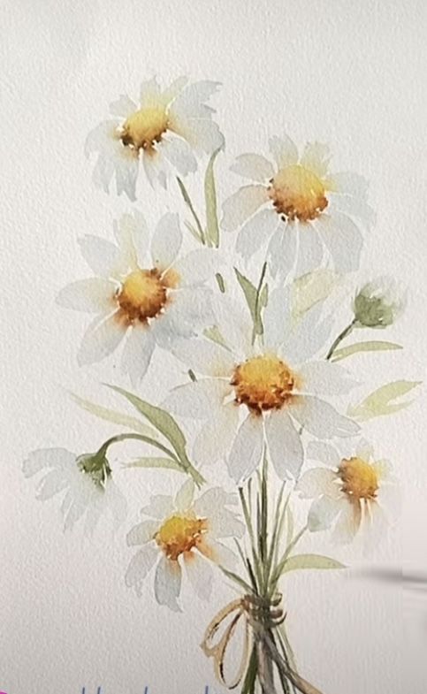 a watercolor painting of daisies in a vase with a ribbon tied around it