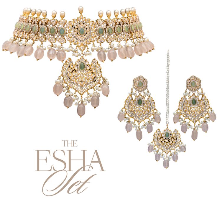 Esha Set Elegant Cubic Zirconia Party Sets, Luxury Stone Work Jewelry For Festive Season, Elegant Festive Jewelry Sets With Sparkling Stones, Elegant Stone Earrings For Festive Occasions, Elegant Crystal Sets For Gifts, Hand-set Cubic Zirconia Party Sets, Luxury Jeweled Wedding Jewelry, Elegant Stone Jewelry Sets For Festive Occasions, Luxury Wedding Jewelry Sets With Stone Setting