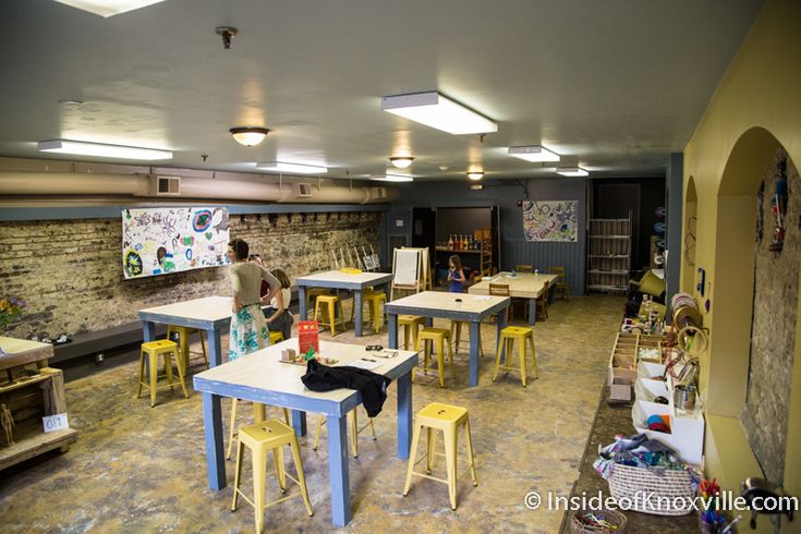 an empty room with tables and stools in it