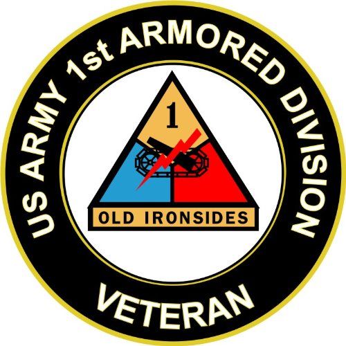 the us army 1st armored division veteran badge is shown in black and gold, with an image of a cannon on it