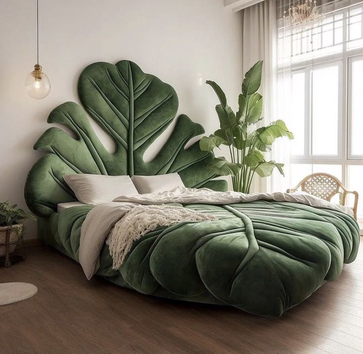 a bedroom with a large green bed in the center and plants on the wall behind it