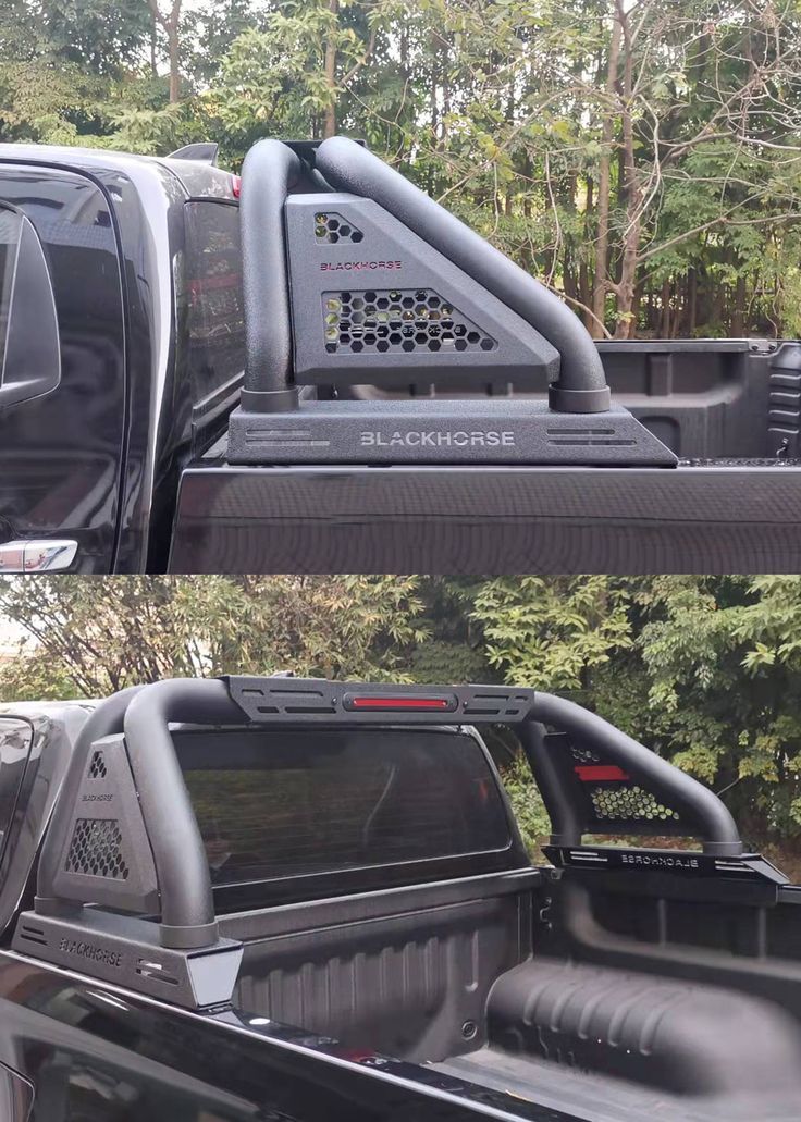 the back end of a pickup truck with an open bed and storage compartment on it