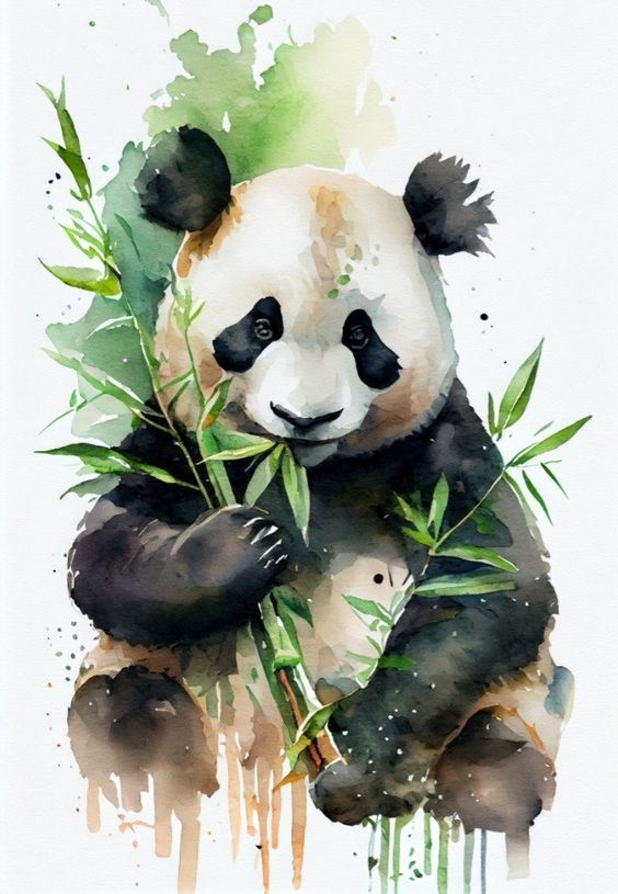 a watercolor painting of a panda bear eating bamboo with green leaves on it's back