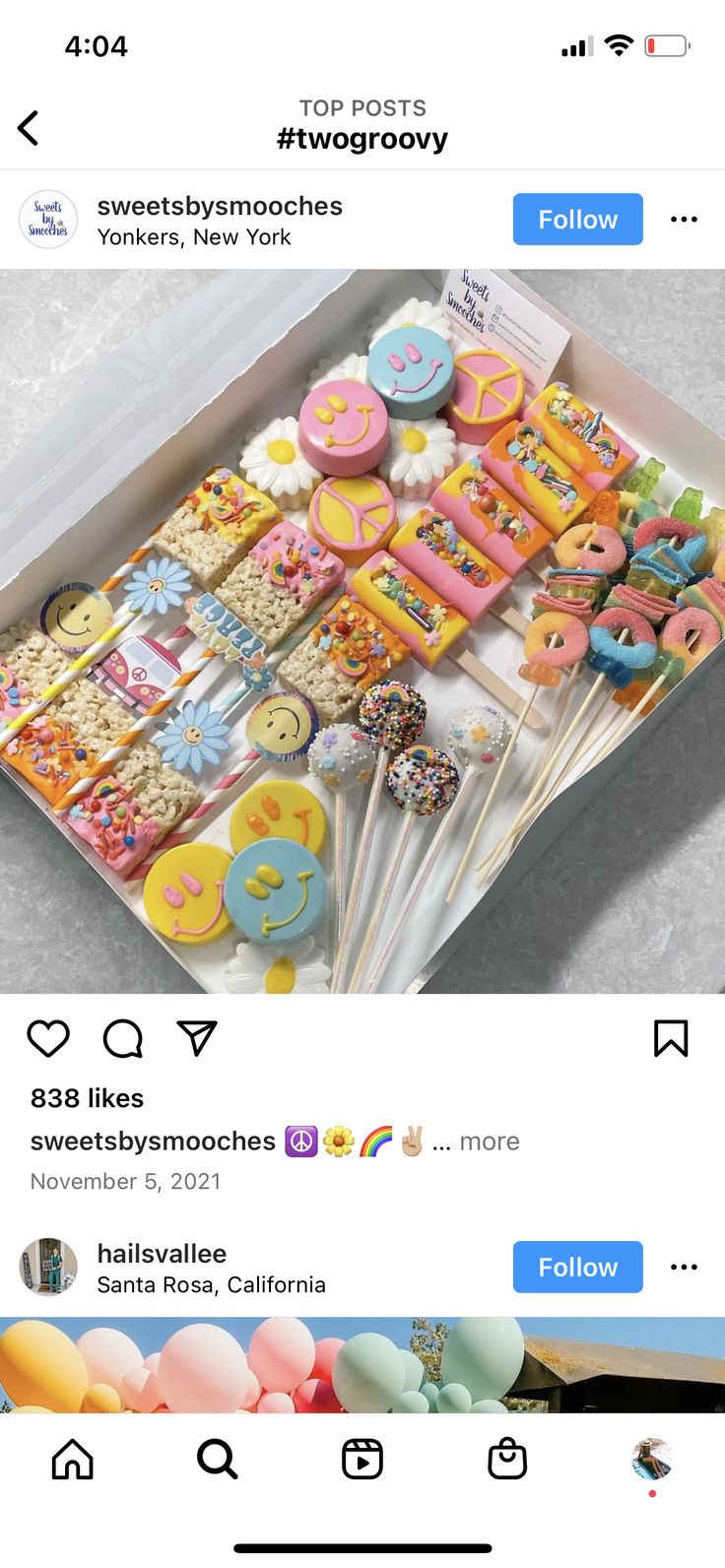 an instagram page with two boxes of decorated cookies and balloons on the top one