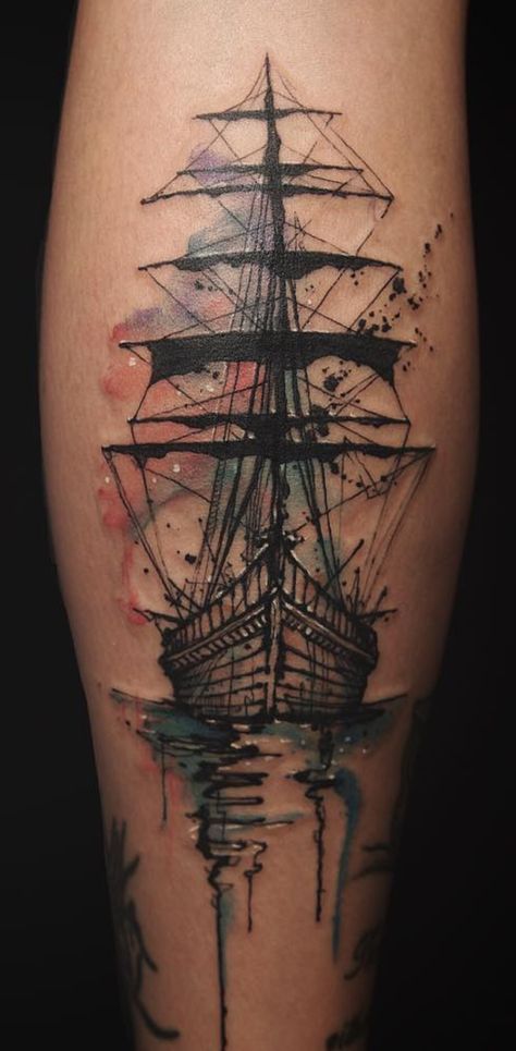 a watercolor painting style ship tattoo on the leg