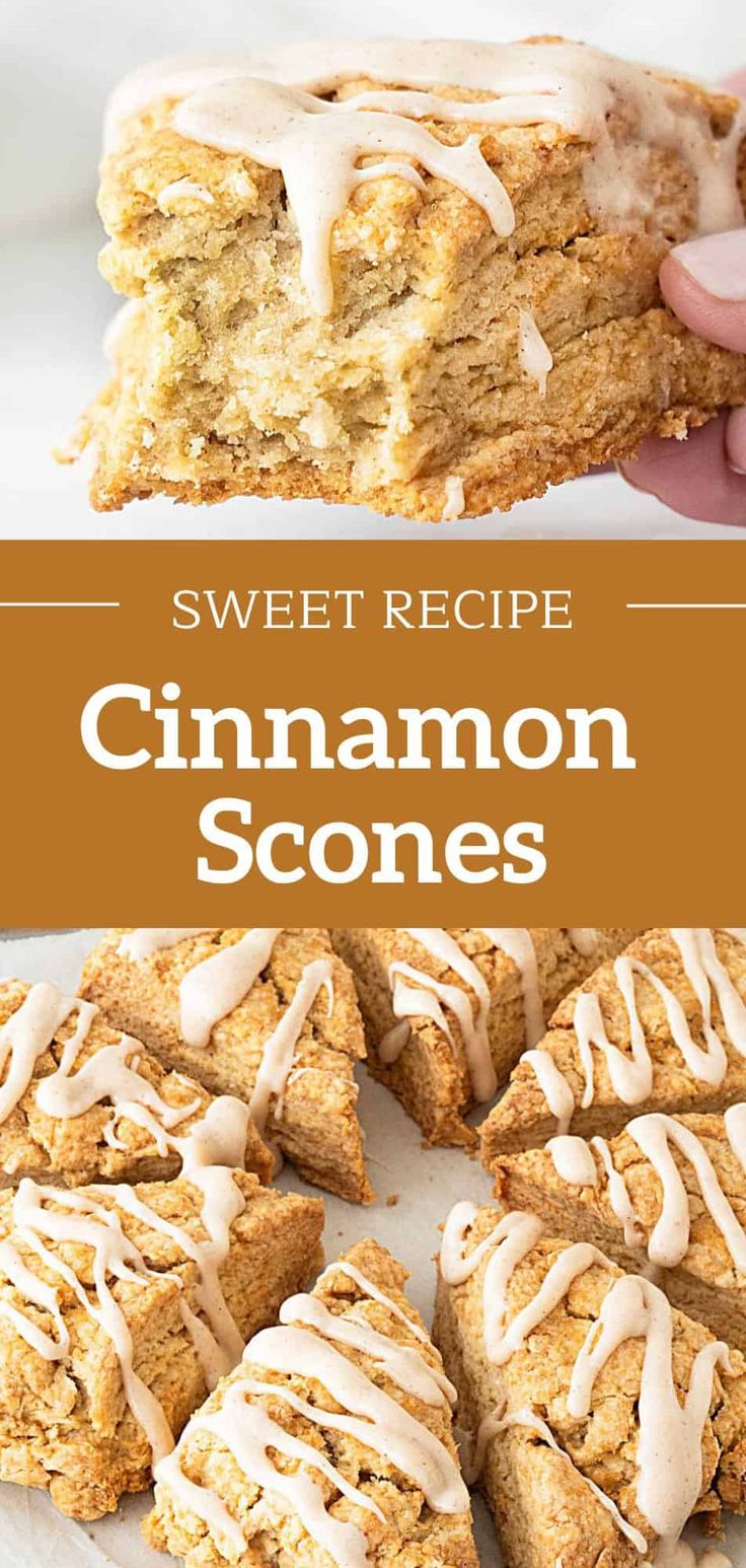 sweet recipe cinnamon scones with icing on top and in the background, there is a hand holding one