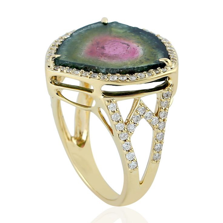 Modern style gemstone jewelry. This ring is made of gold and gemstone diamond material and are capable of reflecting some light to produce a natural glow, which is a unique feature found only in premium jewelry. Info- These Ring are handmade in 18k Yellow Gold : 7. 116 grams and Diamond: 0. 64 cts , Melon Tourmaline  : 9. 47 cts (ING-8994)  Care- This jewelry is made by hand featuring detailed workmanship. Be careful to avoid dropping or banging as physical impacts can result in damage to the pieces including stones falling off. To care for your or jewelry, take caution to keep away from harsh chemicals, Perfume, and Water. You may wipe with a clean polishing cloth to maintain a beautiful shine. Keep in mind that extensive exposure to saltwater, sunlight or harsh chemicals can permanently Tourmaline White Gold Jewelry With Prong Setting, White Gold Tourmaline Jewelry With Prong Setting, White Gold Tourmaline Ring With Prong Setting, Elegant Tourmaline Diamond Ring With Accent Stones, Luxury Tourmaline Gemstones With Gemstone Accents, Luxury Tourmaline Gemstone Jewelry, Luxury Round Tourmaline Jewelry, Fine Jewelry In White Gold With Tourmaline, Elegant Tourmaline Gemstones With Accents