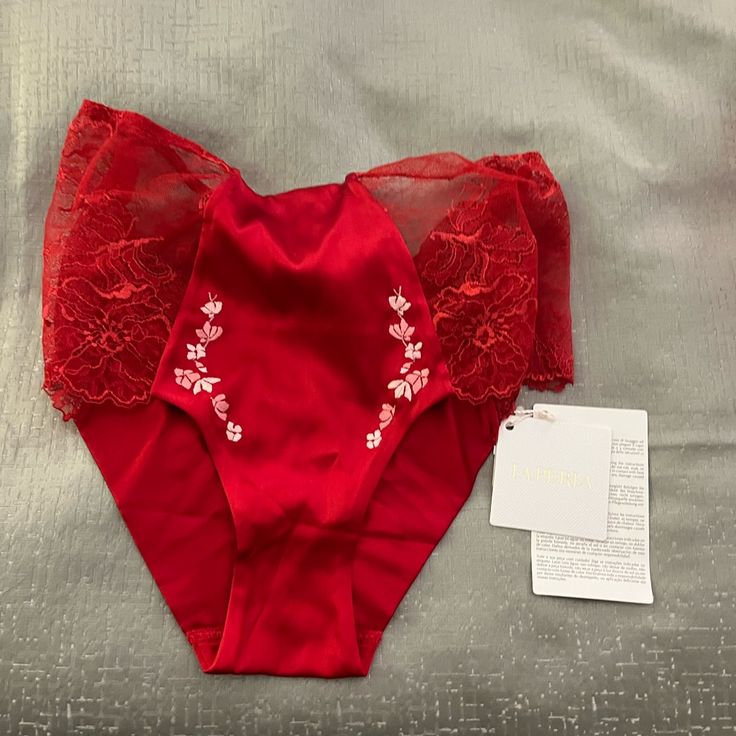 Delicate Silk Satin And Lace High Waisted Brief With Delicate Flower Embroidery. Brand New Elegant Red Lace Bottoms, Elegant Red Bottoms For Wedding, Elegant Red Wedding Bottoms, Fitted Red Lace Bottoms, Red Lace Stretch Bottoms, Red Lace Trim Summer Bottoms, Red Lace Brief Bottoms, Red Fitted Bottoms With Lace Trim, Fitted Red Bottoms With Lace Trim