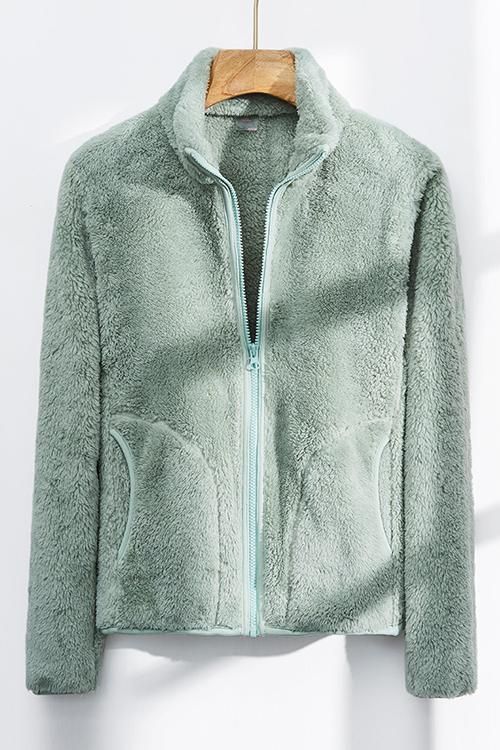 Classical Fluffy Fleece Zipper Jackets Solid Color Fleece Jacket With Zipper Closure, Solid Color Fleece Jacket With Zipper, Spring Fleece Outerwear, Long Sleeve Fleece Jacket For Spring, Spring Long Sleeve Fleece Jacket, Winter Fleece Jacket With Pockets For Loungewear, Fleece Outerwear With Zipper Closure For Loungewear, Green Fleece Outerwear For Winter, Green Comfortable Winter Outerwear