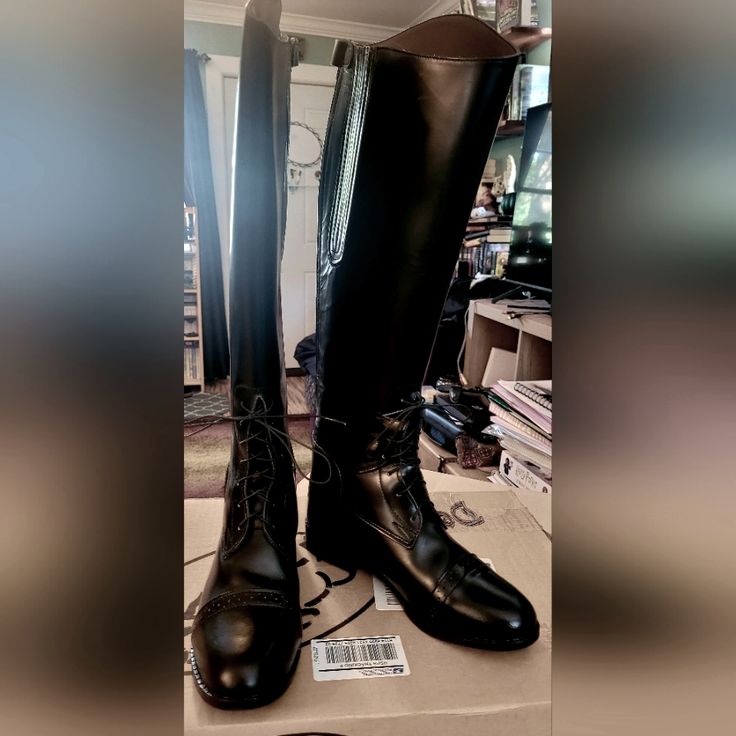 This Gorgeous Pair Of Women's Black, Size 7.5 Wide, Nouvelle Devon Aire Field Boots Have Never Been Worn Beyond Being Tried On. I Am The Second Owner Of These Boots, And Neither One Of Us Could Get Them Zipped Up Over Our Calves. The Widest Part Of The Shank On These Boots Measures 15.5" Around. I've Been Carting These Boots Around For A Decade, Hoping My Daughter Would Grow Into Them, But She Went From A Size 5 To A 9 In Less Than A Year, So That Was A No Go. There Is Minor Creasing Around The Leather Sole Round Toe Boots For Shows, Classic Lace-up Boots Medium Width, Classic Round Toe Boots For Shows, Classic Black Boots For Shows, Black Leather Boots For Shows, Fitted Round Toe Boots For Shows, Field Boots, Equestrian Riding Boots, Cognac Boots