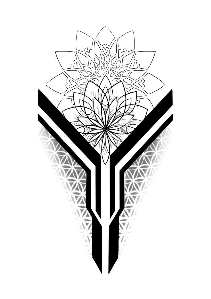 a black and white logo with a flower on the front, surrounded by geometric shapes