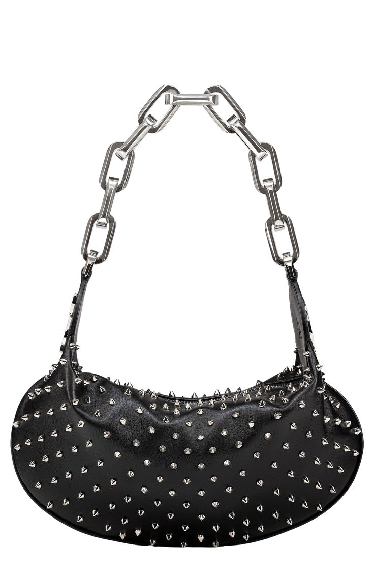 Signature spikes shine like edgy armor on this napa-leather shoulder bag that's crafted in Italy in a contemporary shape and features a chunky chain strap. Top zip closure Chain shoulder strap Red-leather lining Leather Made in Italy Designer Handbags Studded Leather Party Bag, Leather Party Bag With Studs, Edgy Evening Shoulder Bag With Silver-tone Hardware, Leather Party Shoulder Bag With Rivets, Leather Shoulder Bag With Rivets For Party, Party Leather Shoulder Bag With Rivets, Silver Shoulder Bag With Gunmetal Hardware For Party, Party Shoulder Bag In Silver With Gunmetal Hardware, Luxury Evening Shoulder Bag With Rivets