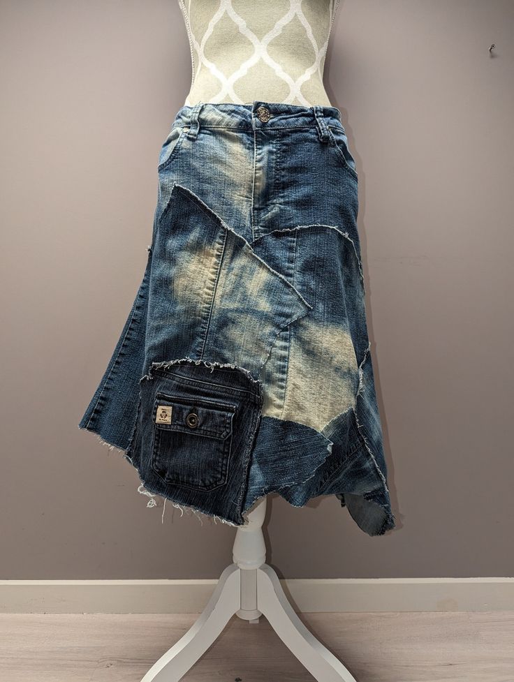 "Upcycled bleached denim patchwork skirt with frayed seams and jagged hem. Waist measures 36\" and length is approximately 22\"." Reconstructed Denim Skirt, Patchwork Denim Skirt, Denim Tank, Jeans Clothes, Denim Ideas, Womens Skirts, Patchwork Skirt, Bleached Denim, Upcycle Jeans