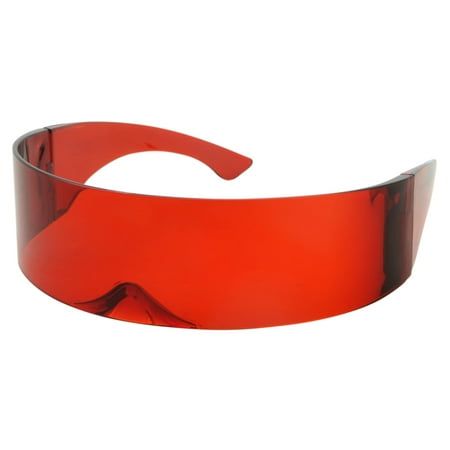 Futuristic Cyclops Sunglasses | Robocop Retro Party Shield Visor Glasses Great for Costume Accessories, Movie Props, or Casual Wear! Comes in Black, Blue or Red! 100% Polycarbonate Lenses with UV400 Protection - grinderPUNCH sunglasses are UV400 rated and will block UVA and UVB light. The UV400 rated polycarbonate sunglasses are great for protecting your eyes against long-term UV damage and keeping your eyes healthy when enjoying a day out. Monoblock Shield Frame Sunglasses. Entire Frame is Tran Red Visor Glasses, Red Tinted Sunglasses For Party, Adjustable Plastic Shield Sunglasses For Party, Adjustable Plastic Shield Sunglasses For Parties, Modern Red Plastic Sunglasses, Plastic Rimless Sunglasses For Parties, Rimless Glass Shield Sunglasses For Party, Modern Plastic Sunglasses For Party, Modern Plastic Sunglasses For Parties