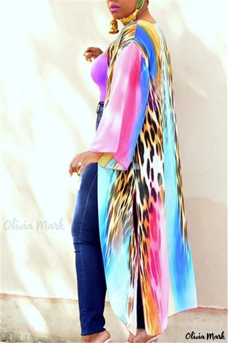 Olivia Mark - Modern and Stylish V-Neck 9-Sleeve Blazer and Jacket Set with Colorful Rainbow Print Chiffon Outer, Outer Dress, Chiffon Cardigan, Chiffon Kimono, Split Design, Printed Blazer, Rainbow Print, Rainbow Color, Cardigan Top