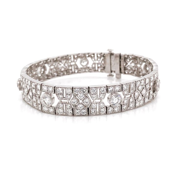 This is a beautiful retro inspired diamond link platinum bracelet. Covered by splendid round cut white natural diamonds 10.21 ct in total. Diamonds are all natural in G-H Color Clarity VS. Platinum 950 metal. Length: 17.4 cm Width. 1 cm Weight: 31 g Platinum Bracelet, White Gold Bracelet, 18k Gold Jewelry, Art Deco Jewelry, White Diamonds, Retro Inspired, Diamond White, Link Bracelets, Ring Earrings