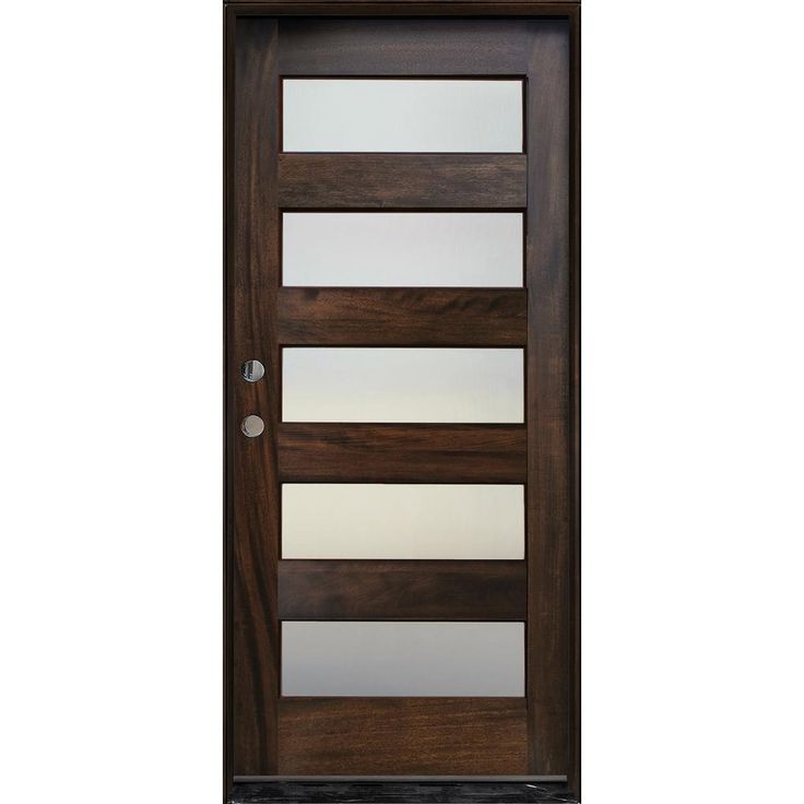 a wooden door with frosted glass on the top and bottom panel, in dark wood