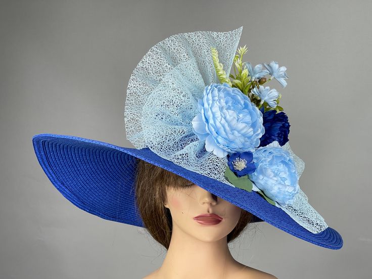 "Vogue hats are perfect for horse racing events, church, the Kentucky derby, weddings, garden tea parties and charity events. 100% Brand new, hand made and high quality. Please feel free to ask me any questions or special requests. Please visit my other shop https://www.etsy.com/shop/BridalWorldAccessory One size hat.(20\" - 22.\") Adjustable inner band. Brim is approx. 6\" Thank you for visiting my shop." Light Blue Summer Hats For Races, Light Blue Summer Hat For Races, Light Blue Hat For Royal Ascot Races, Fitted Light Blue Mini Hat For Kentucky Derby, Blue Fascinator For Royal Ascot Garden Party, Blue Fascinator For Garden Party At Royal Ascot, Blue Fascinator For Garden Party And Royal Ascot, Spring Blue Fascinator For Garden Party, Blue Spring Fascinator For Garden Party