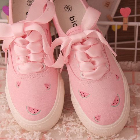 New cute kitten claw strawberry watermelon hand-painted shoes sold by Harajuku fashion on Storenvy Cute High-top Sneakers For Summer, Cute High-top Summer Sneakers, Cute Sneakers With Rubber Sole, Pink Flat Heel Canvas Shoes For Summer, Cute Summer Canvas Shoes With Rubber Sole, Pink Canvas Shoes With Round Toe For Summer, Pink Lace-up Canvas Shoes For Summer, Cute Pink Canvas Shoes For Summer, Cute Spring Canvas Shoes With Rubber Sole