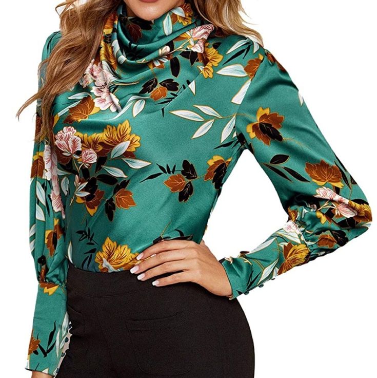 100% Polyester.Fabric Has No Stretch. Elegant High Neck Floral Blouse,Very Cute For Going Out And Work. Measurements L: Shoulder: 15.75'', Bust: 41.5'', Waist Size: 36.75'', Length: 24.75'', Sleeve Length: 26.75'', Bicep Length: 16.75'', Cuff: 8'', Xl: Shoulder: 16'', Bust: 43.75'', Waist Size: 39'', Length: 25'', Sleeve Length: 27'', Bicep Length: 17.5'', Cuff: 8.5'', Model Measurements Size : S Height:68.9inch ,Bust: Printed Fall Office Blouse, Green Printed Blouse For Party, Printed Green Blouse For Party, Fitted Green Printed Blouse, Elegant Floral Print Blouse For Fall, Green Long Sleeve Blouse With Floral Print, Elegant Fitted Floral Print Tops, Green Long Sleeve Tops With Floral Print, Fall Printed Blouse For Workwear