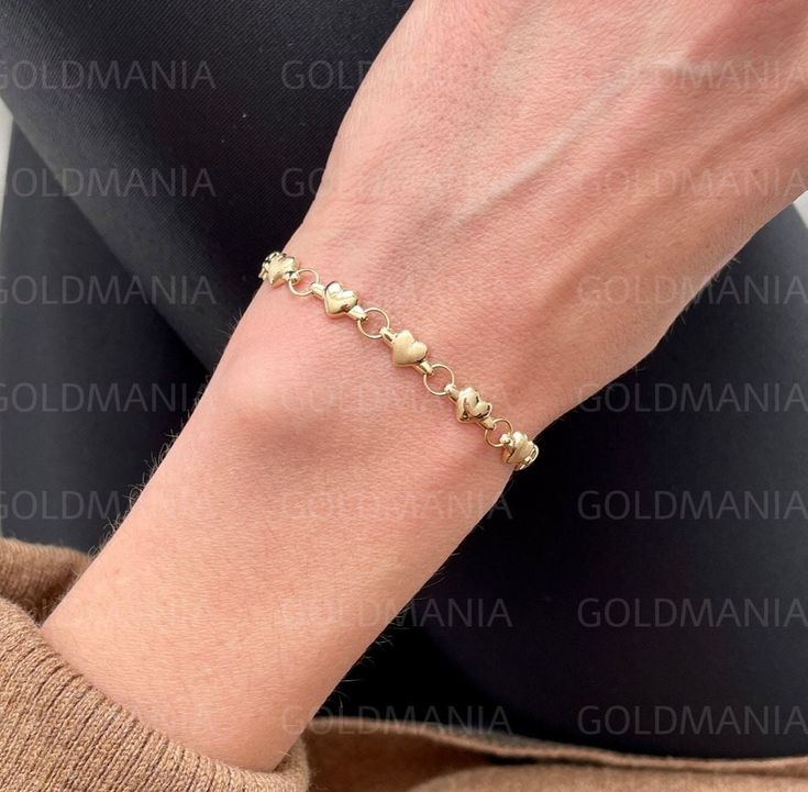 "14K Yellow Gold Heart Link Bracelet Women, 7\" Inch, Polished And Satin, Real 14K Gold Bracelet, 14K Heart Bracelet, Heart Chain Bracelet High quality, elegant and shiny sparkly Heart Chain Bracelet. Crafted from guaranteed 100% 14K Gold.  Length: 7\" Inch Weight: 4.3 Gram Width: 5 MM Clasp: Lobster Claw Metal: 14K Yellow Gold Hearts are Hollow SHIPPED FROM NEW YORK CITY FREE SHIPPING on all orders 30 Day Return Hassle Free Weight and measurements is approximate and may not be always exactly as stated. At GoldMania we are first of all committed to environmental responsibility. We guarantee that the silver, platinum, palladium and gold we use are strictly ecofriendly and of the highest quality. Thank you GOLDMANIA" Bracelet Women Gold, Gold Bracelet Women, Real Gold Bracelet, Real Gold Chains, Small Gold Hoops, Bracelet Heart, Gold Hearts, Free Weight, Gold Armband