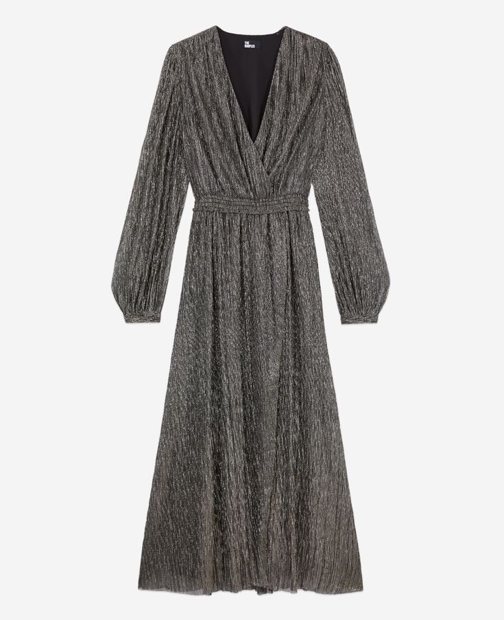 Long silver dress | The Kooples - US Luxury V-neck Mini Dress For Night Out, Long Sleeve Midi Dress For Formal Gala, Formal Long Sleeve Midi Dress For Gala, Winter Evening Maxi Dress With V-neck, Luxury Long Sleeve Holiday Dresses, Chic Gray V-neck Maxi Dress, Long Sleeve Midi Dress For Gala And Holiday, Holiday Long Sleeve Midi Dress For Gala, Festive Elegant Formal Midi Dress