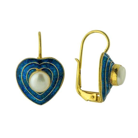 In this sentimental Victorian design, a cultured pearl is mounted in a heart-shaped blue enamel setting. Hand crafted of 14k gold, with European backs for pierced ears.  Height: 1 inch including the earwire. Elegant Heart-shaped Clip-on Jewelry, Heart-shaped Clip-on Jewelry For Formal Occasions, Formal Heart-shaped Clip-on Jewelry, Formal Heart Shaped Clip-on Jewelry, Gold Enamel Heart-shaped Earrings, Gold Heart-shaped Enamel Earrings, Heart-shaped Clip-on Jewelry For Anniversary, Heart-shaped Clip-on Jewelry For Valentine's Day, Classic Blue Heart-shaped Jewelry