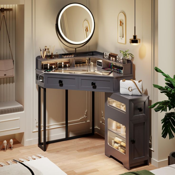 a dressing table with mirror and cosmetics on it