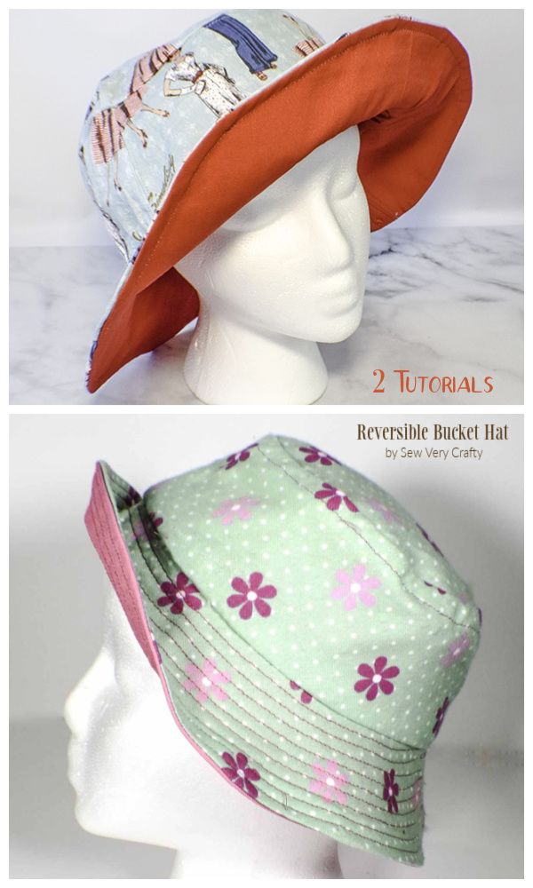 two hats with different patterns on them, one is green and the other is pink