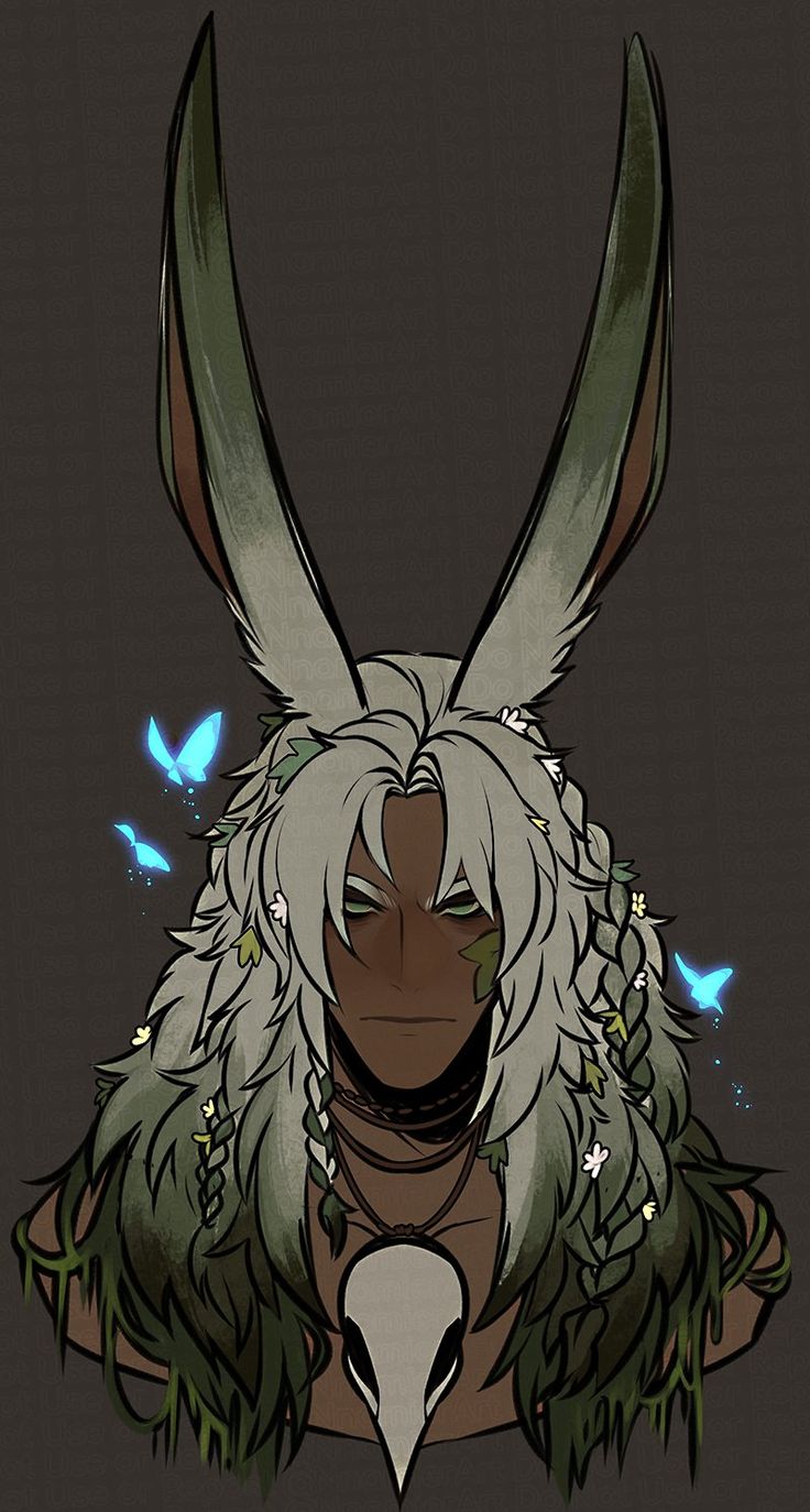 an animal with long white hair and horns on it's head, surrounded by butterflies