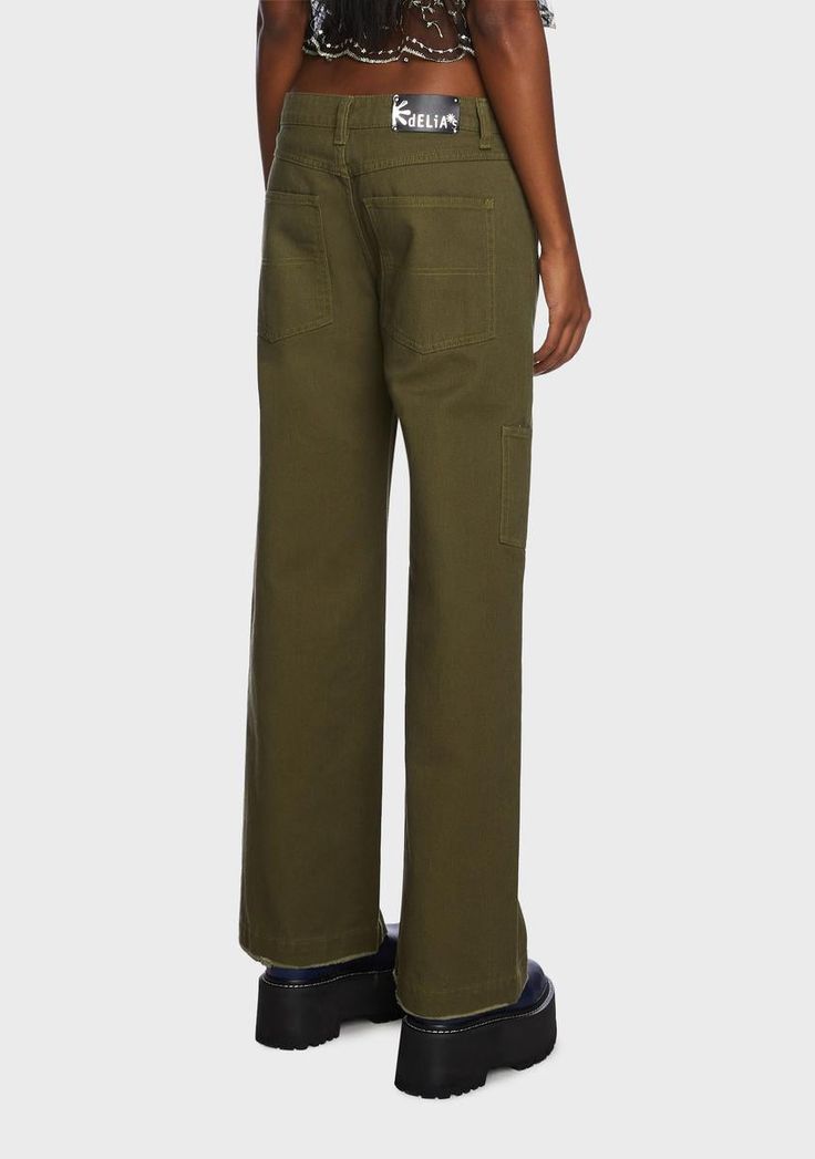 dELiA*s by Dolls Kill Twill Carpenter Pants - Dark Green/Olive Green Fall Bottoms With Contrast Stitching And Relaxed Fit, Fall Cotton Bottoms With Contrast Stitching, Relaxed Fit Cotton Bottoms With Contrast Stitching, Cotton Bottoms With Contrast Stitching For Fall, Cotton Bottoms With Contrast Stitching And Relaxed Fit, Relaxed Fit Straight Leg Cargo Pants With Contrast Stitching, High-waisted Cotton Pants With Contrast Stitching, Fall Bottoms With Contrast Stitching And Straight Leg, Contrast Stitching Cotton Cargo Jeans For Work