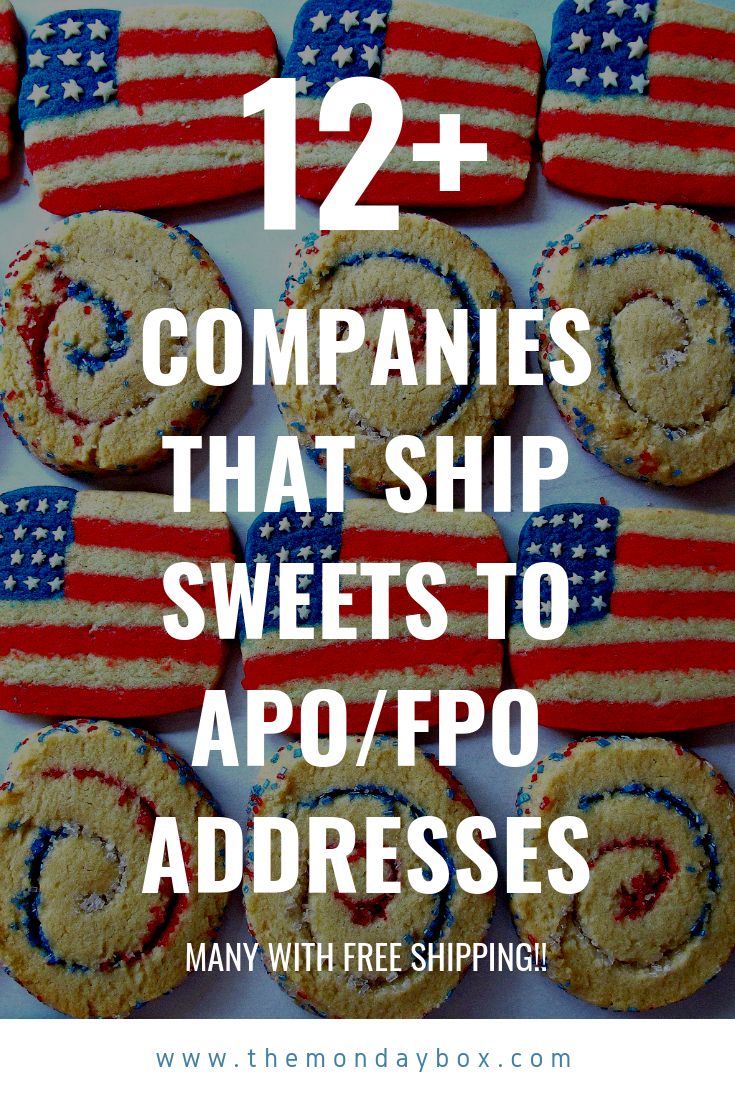 patriotic cookies with the words, 12 companies that ship sweets to apo / po addresses