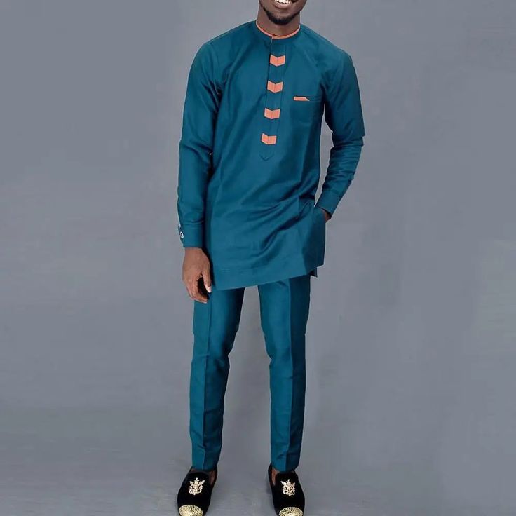 Wiaofellas 2024 New Elegant Men's Suit Round Neck Solid Color Shirt and Pants Sets 2 Piece Kaftan African Party Wedding Festival Men's Suit Blue Formal Long Sleeve Sets, Blue Slim Fit Party Sets, Fitted Royal Blue Sets With Long Sleeves, Fitted Royal Blue Long Sleeve Set, Festive Blue Long Sleeve Pant Set, Traditional Long Sleeve Formal Pant Set, Traditional Long Sleeve Pant Set For Formal Events, Traditional Blue Long Sleeve Suits, Festive Royal Blue Long Sleeve Sets