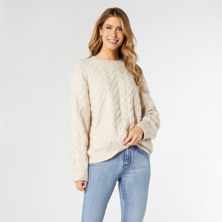 Casper Cable Knit Sweater - Oatmeal Heather Beige Soft Knit Crew Neck Sweater, Beige Crew Neck Soft Knit Sweater, Everyday Crew Neck Chunky Knit Sweater, Cozy Beige Crew Neck Sweater, Everyday Chunky Knit Crew Neck Sweater, Cream Sweater With Textured Knit For Cold Weather, Beige Cable Knit Crew Neck Sweater, Cream Textured Knit Sweater For Cold Weather, Cozy Beige Textured Knit Sweater