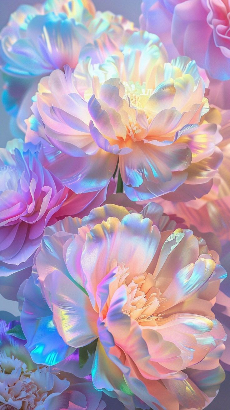 some pink and blue flowers are in the middle of pastel colors on a purple background