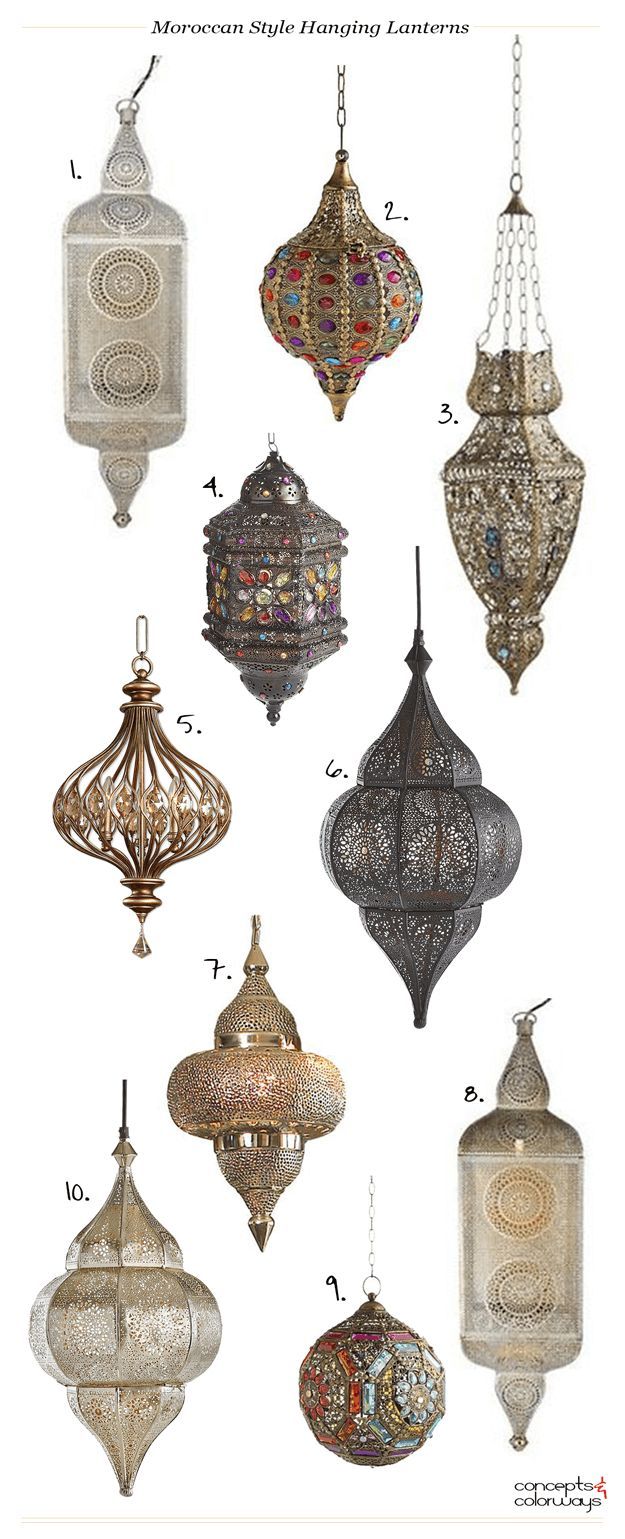 an assortment of hanging lanterns in various styles and colors, including one with intricate designs