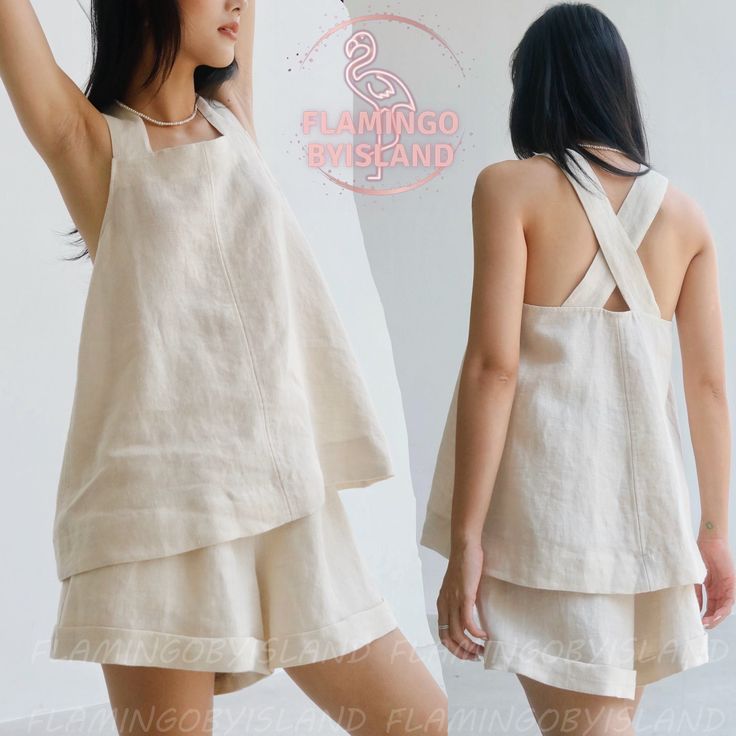 This set offers breezy comfort and effortless style for casual outings. Crafted from lightweight linen fabric, the top features a relaxed fit with a flattering cross strap detail, while the coordinating shorts provide a comfortable and chic option for warm-weather relaxation. Explore the epitome of refined fashion with this must-have piece. 🖤DETAILS This listing includes one Cross Strap Top and one Wide Shorts  - High-waisted. - Invisible zip closure at the font. 🖤 SIZE XS Bust: 33.5" / 84cm W Beige Summer Sleepwear For Vacation, Sleeveless Relaxed Fit Summer Sleepwear, Summer Sleeveless Sleepwear For The Beach, Summer Camisole Tank Top For Relaxation, Summer Relaxation Camisole Tank Top, Sleeveless Sleepwear For Beach Vacation, Sleeveless Tank Top For Beach Season Loungewear, Casual Sleeveless Tank Top For Relaxation, Sleeveless Tank Top For Spring Relaxation